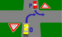 Intersections - In this diagram both vehicles O and P must pass through GIVE WAY signs before entering the intersection. Which vehicle goes first?