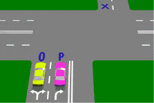 Intersections - If both vehicles P and O in the diagram are turning right, which vehicle is in the best position to turn left into the street marked 'X'?