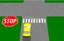 Intersections - The diagram shows a marked pedestrian crossing at an intersection. There is also a STOP sign at the intersection. You have already stopped for a pedestrian. Must you stop again at the STOP line?