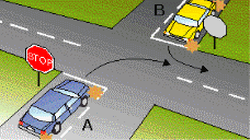 Intersections - You drive up to an intersection with a stop sign in the car marked A and you wish to turn right. The car marked B facing you also has a stop sign and is indicating to turn left. Who can go first?