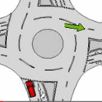 Intersections - The red car wants to turn right and exit the roundabout in the street indicated by an arrow. Is the car positioned in the correct lane to do this?