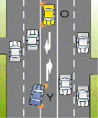 Traffic Lights Lanes - You are in car marked Y and want to turn right using a median turning lane. A car marked O, coming towards you, is already in the median lane; it is slowing down and indicating. Are you permitted to enter and share the median turning lane?