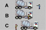 General Knowledge - Many accidents occur when heavy vehicles are reversing. Look at the three diagrams. In which diagram is a helper (guide) best placed to guide you?