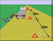 General Knowledge - The vehicle in the diagram is over 12 tonnes GVM and has broken down on a country road. Has the driver placed the warning signs correctly?