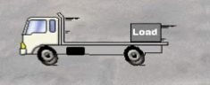 Load Restraint - The truck shown in the diagram is braking heavily. In what direction will the unrestrained load on the truck tray move?